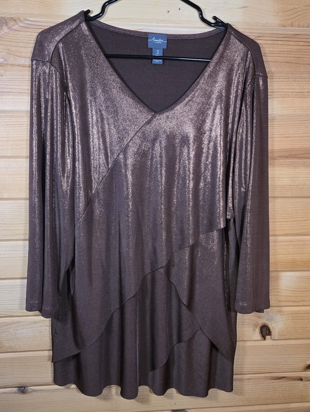 Chico's Travelers Layered Tunic Top V Neck Copper Shimmer 3/4 Sleeve Women's XL